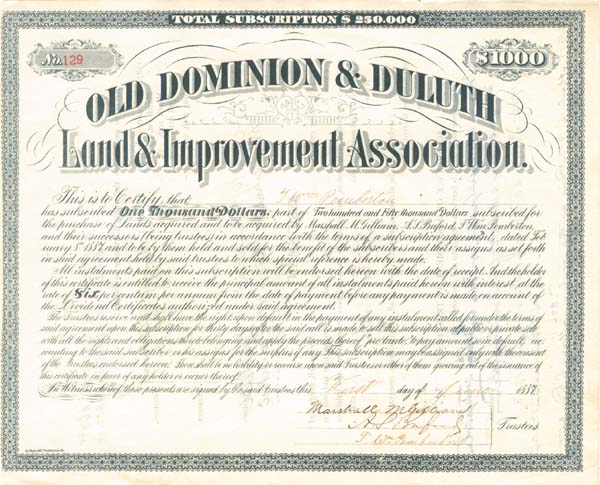 Old Dominion and Duluth Land and Improvement Association - $1,000 Bond (Uncanceled)